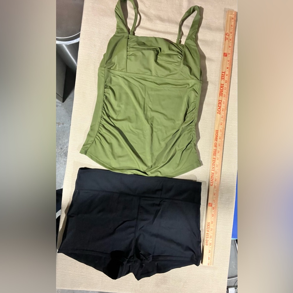 Shade & Shore Olive Green top and black shorts swim wear